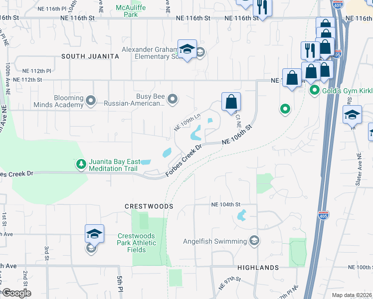 map of restaurants, bars, coffee shops, grocery stores, and more near 11110 Forbes Creek Drive in Kirkland