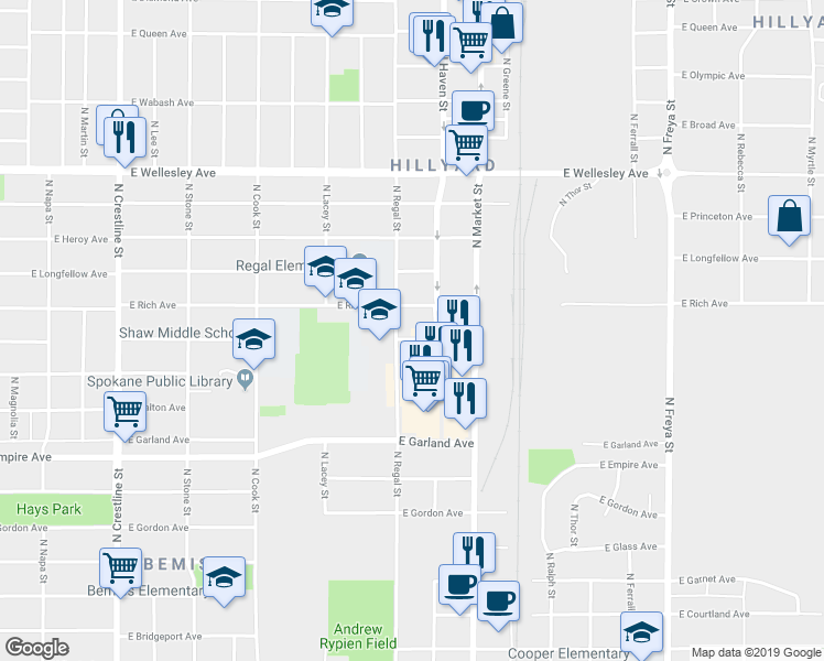 map of restaurants, bars, coffee shops, grocery stores, and more near 2904 East Rich Avenue in Spokane