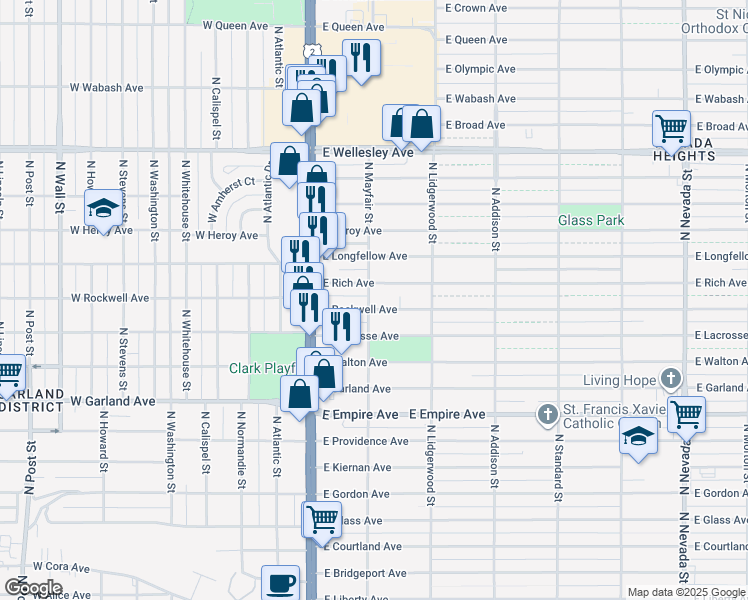 map of restaurants, bars, coffee shops, grocery stores, and more near 117 East Rich Avenue in Spokane