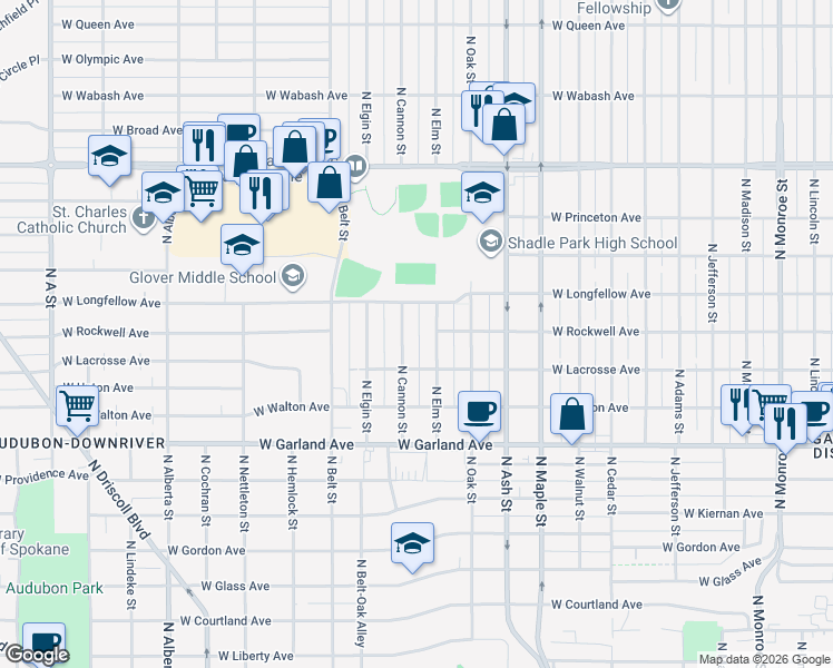 map of restaurants, bars, coffee shops, grocery stores, and more near 2724 West Hoffman Avenue in Spokane