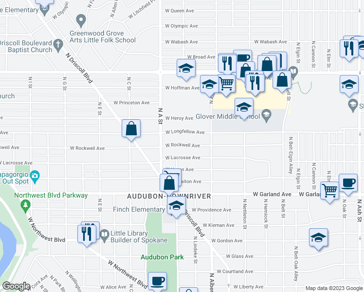 map of restaurants, bars, coffee shops, grocery stores, and more near 2709 West Longfellow Avenue in Spokane