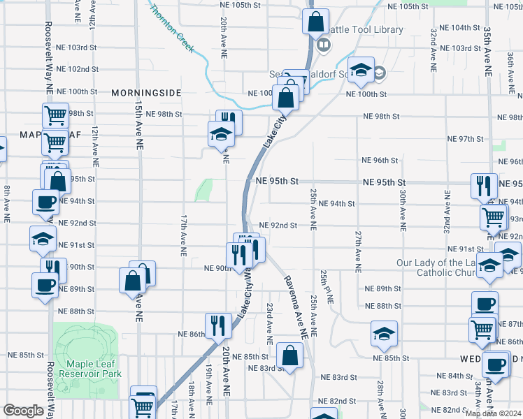 map of restaurants, bars, coffee shops, grocery stores, and more near 9400 23rd Avenue Northeast in Seattle