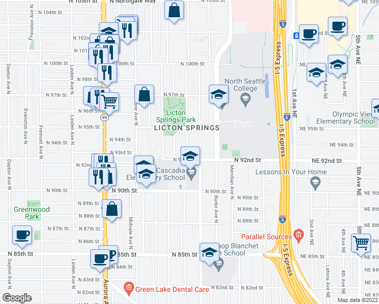 map of restaurants, bars, coffee shops, grocery stores, and more near in Seattle