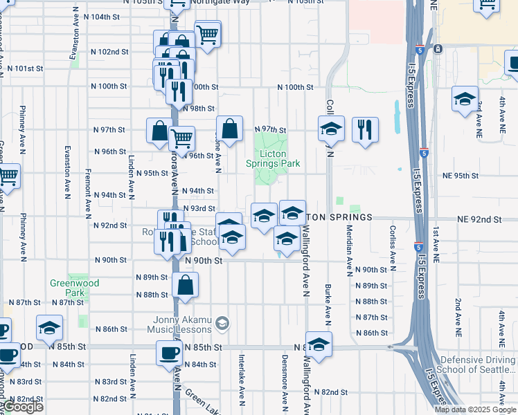 map of restaurants, bars, coffee shops, grocery stores, and more near 9231 Ashworth Avenue North in Seattle