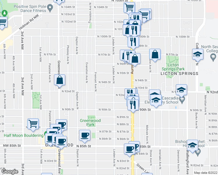 map of restaurants, bars, coffee shops, grocery stores, and more near 9403 Linden Avenue North in Seattle