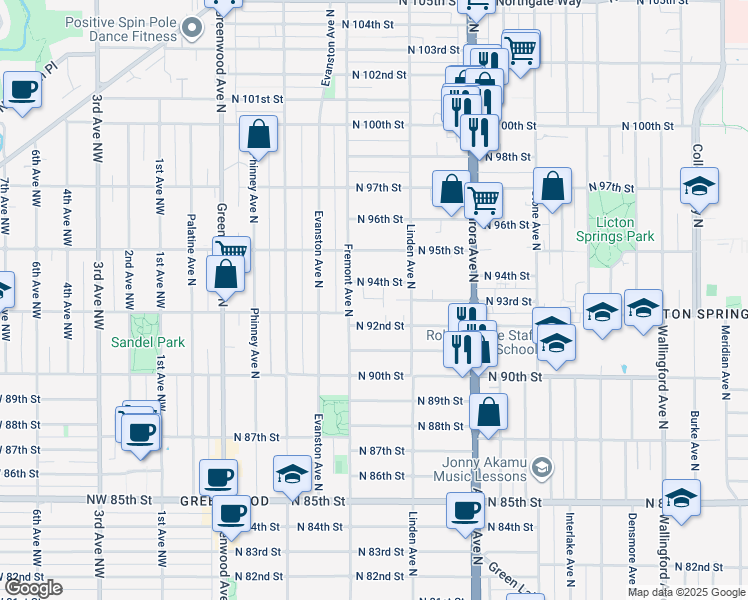 map of restaurants, bars, coffee shops, grocery stores, and more near 718 North 94th Street in Seattle