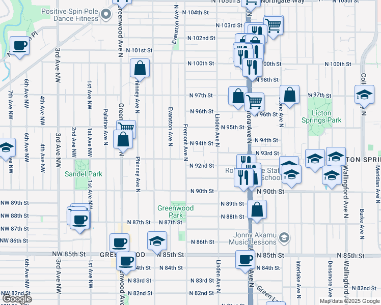 map of restaurants, bars, coffee shops, grocery stores, and more near 718 North 94th Street in Seattle