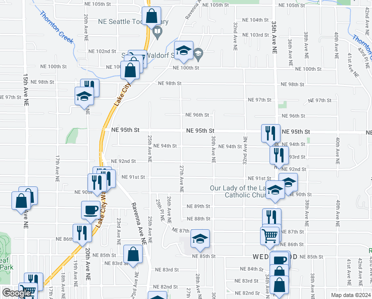 map of restaurants, bars, coffee shops, grocery stores, and more near 2701 Northeast 94th Street in Seattle