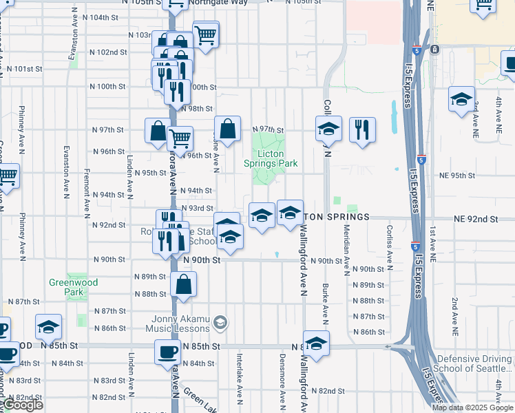 map of restaurants, bars, coffee shops, grocery stores, and more near 9231 Ashworth Avenue North in Seattle