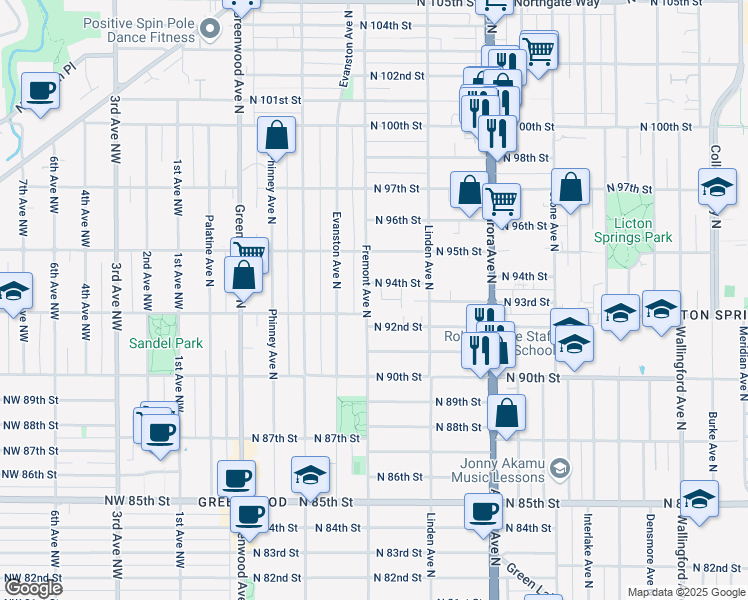 map of restaurants, bars, coffee shops, grocery stores, and more near 9226 Fremont Avenue North in Seattle