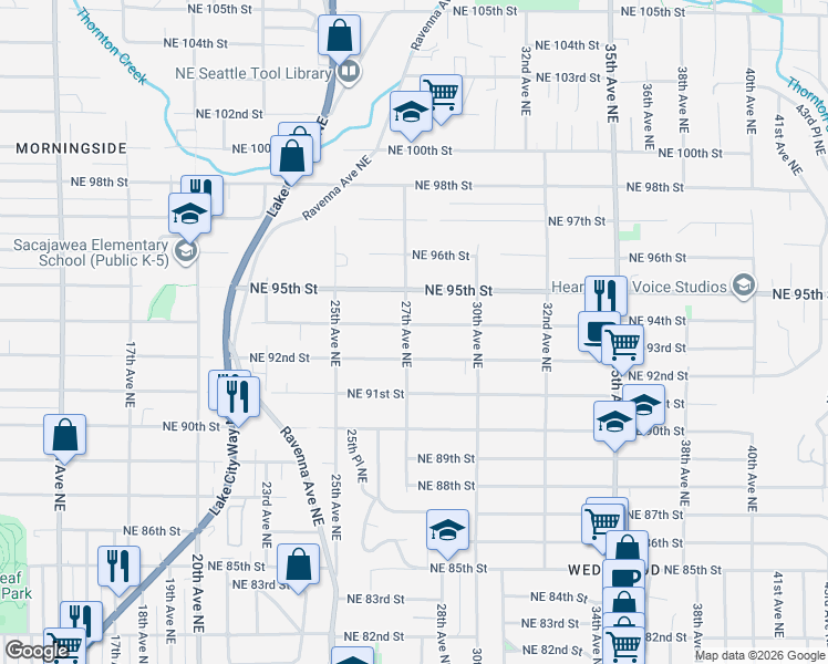 map of restaurants, bars, coffee shops, grocery stores, and more near 2718 Northeast 94th Street in Seattle