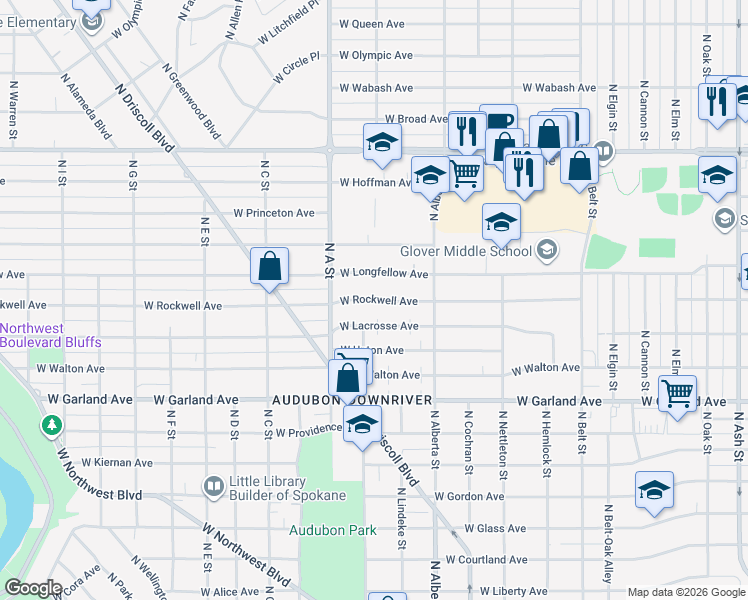 map of restaurants, bars, coffee shops, grocery stores, and more near 2709 West Longfellow Avenue in Spokane