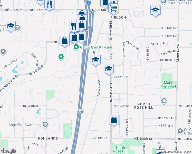 map of restaurants, bars, coffee shops, grocery stores, and more near 12109 Northeast 108th Street in Kirkland