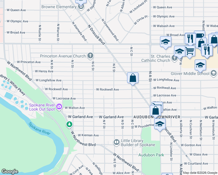 map of restaurants, bars, coffee shops, grocery stores, and more near 3327 West Longfellow Avenue in Spokane