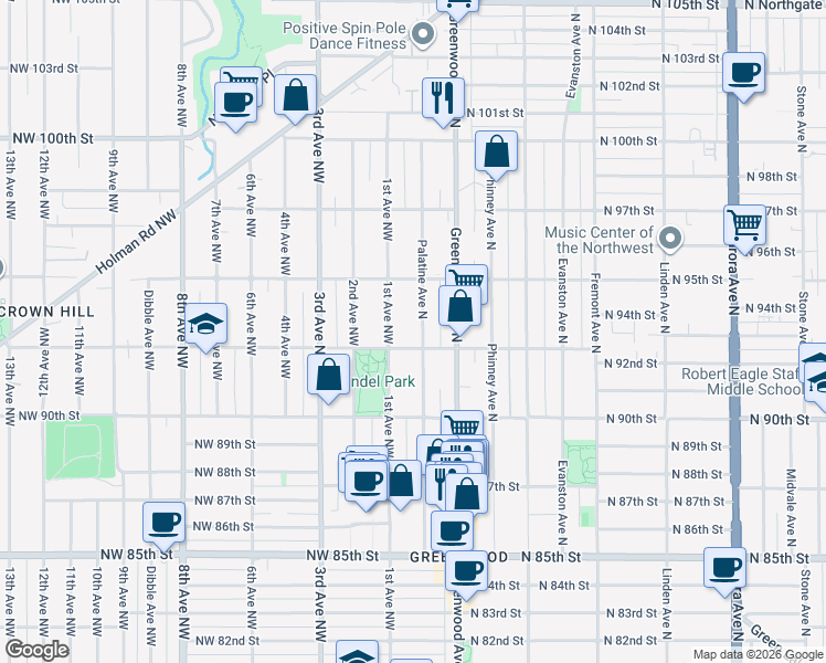 map of restaurants, bars, coffee shops, grocery stores, and more near 9232 Palatine Avenue North in Seattle
