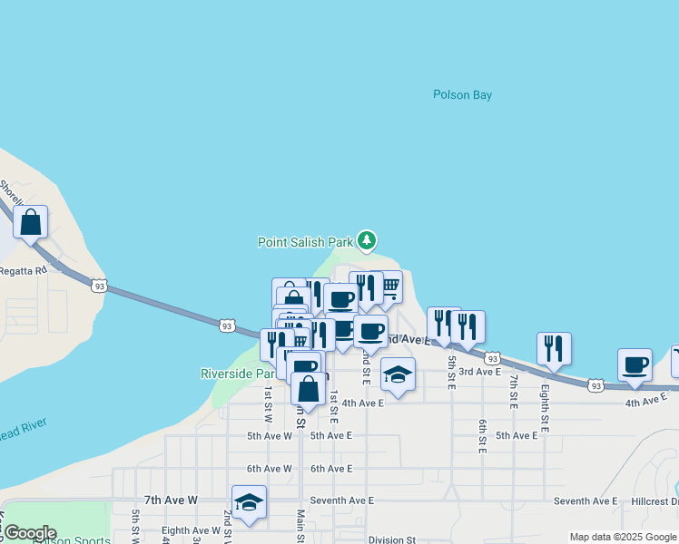 map of restaurants, bars, coffee shops, grocery stores, and more near 102 Kootenai Avenue in Polson