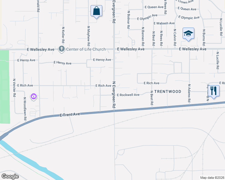 map of restaurants, bars, coffee shops, grocery stores, and more near 4405 North Evergreen Road in Spokane Valley