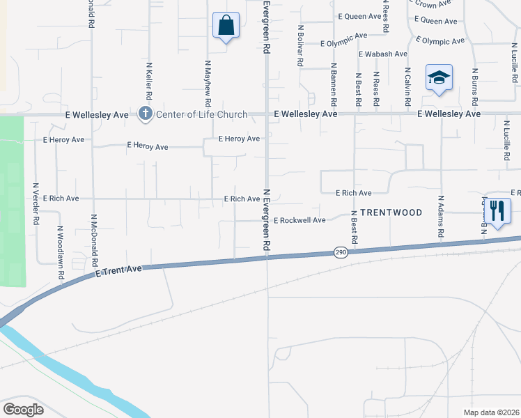 map of restaurants, bars, coffee shops, grocery stores, and more near 4405 North Evergreen Road in Spokane Valley