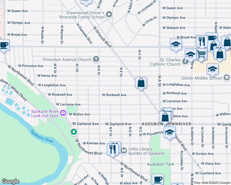 map of restaurants, bars, coffee shops, grocery stores, and more near 3327 West Longfellow Avenue in Spokane