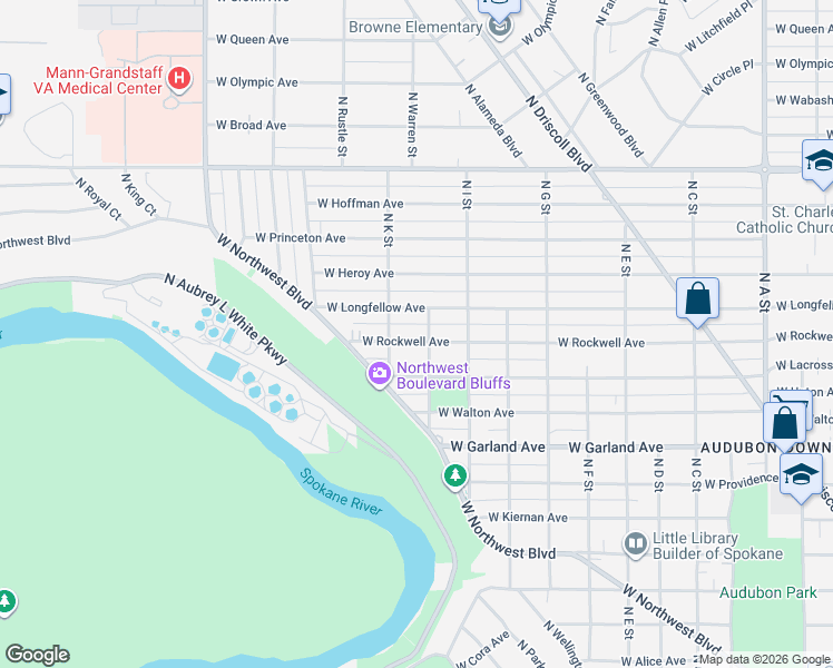 map of restaurants, bars, coffee shops, grocery stores, and more near 3823 West Longfellow Avenue in Spokane
