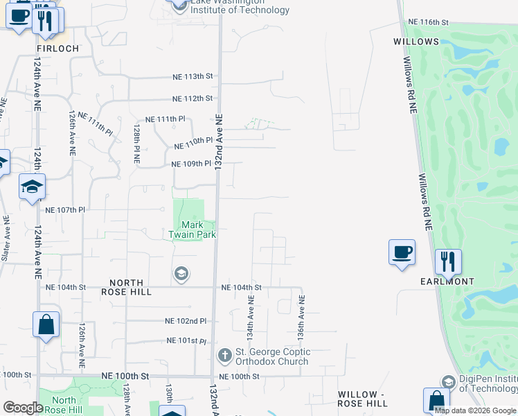 map of restaurants, bars, coffee shops, grocery stores, and more near 10636 134th Avenue Northeast in Kirkland