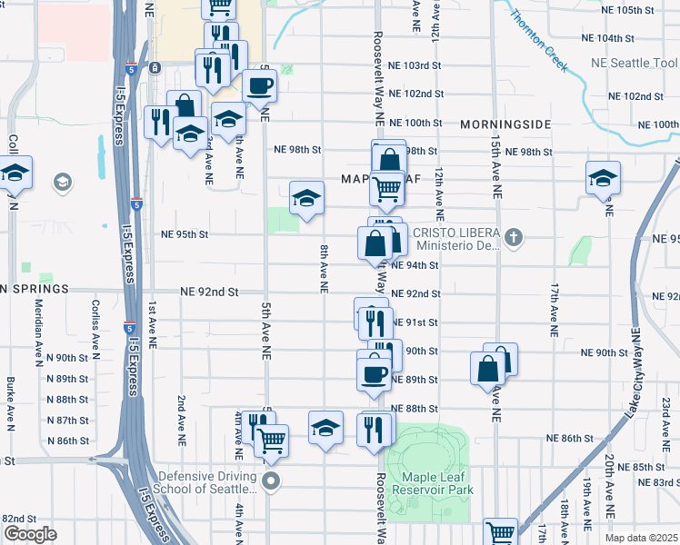 map of restaurants, bars, coffee shops, grocery stores, and more near 840 Northeast 94th Street in Seattle
