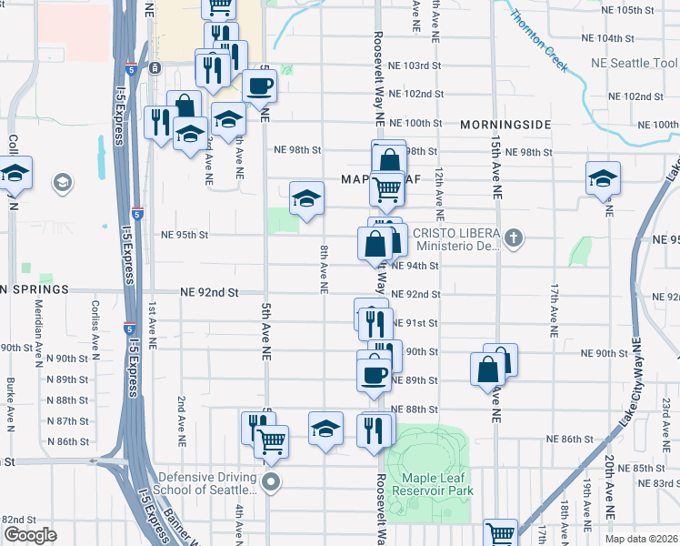 map of restaurants, bars, coffee shops, grocery stores, and more near 840 Northeast 94th Street in Seattle