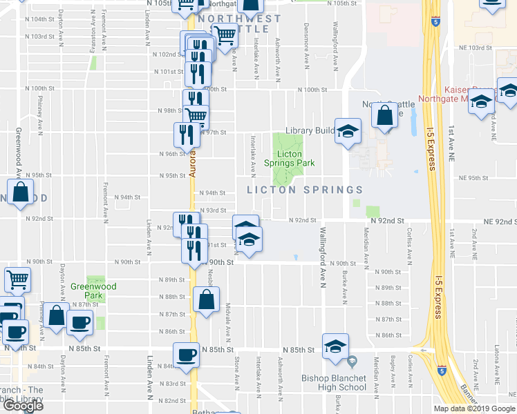 map of restaurants, bars, coffee shops, grocery stores, and more near 9231 Ashworth Avenue North in Seattle