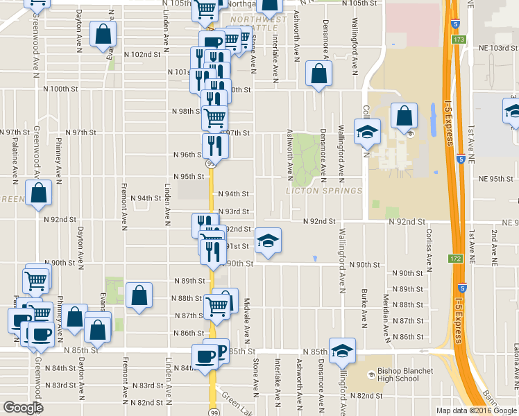 map of restaurants, bars, coffee shops, grocery stores, and more near 9322 Stone Avenue North in Seattle