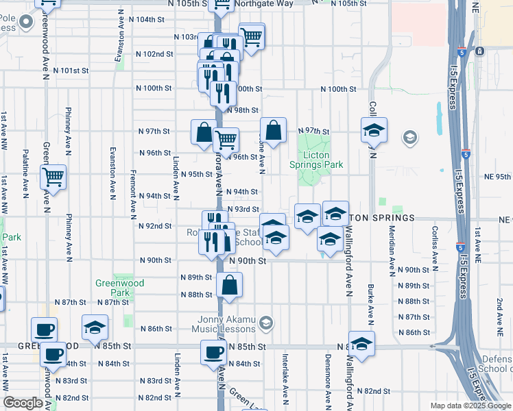 map of restaurants, bars, coffee shops, grocery stores, and more near 1137 North 94th Street in Seattle