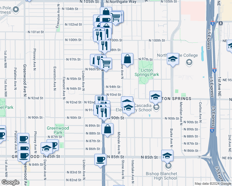 map of restaurants, bars, coffee shops, grocery stores, and more near 1137 North 94th Street in Seattle