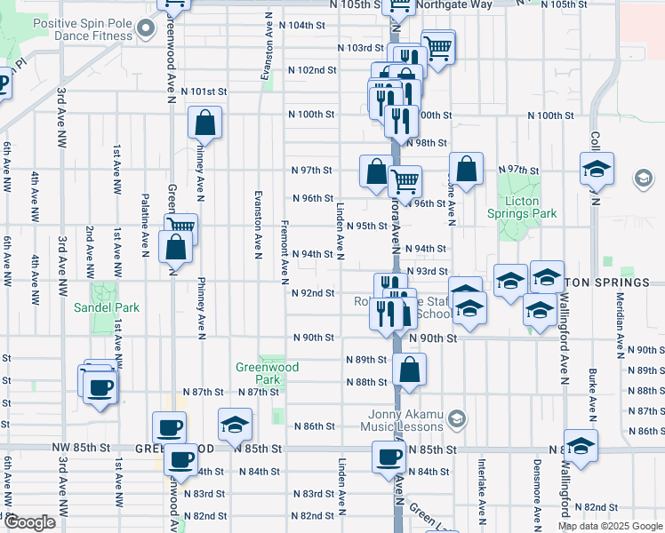 map of restaurants, bars, coffee shops, grocery stores, and more near 9403 Linden Avenue North in Seattle