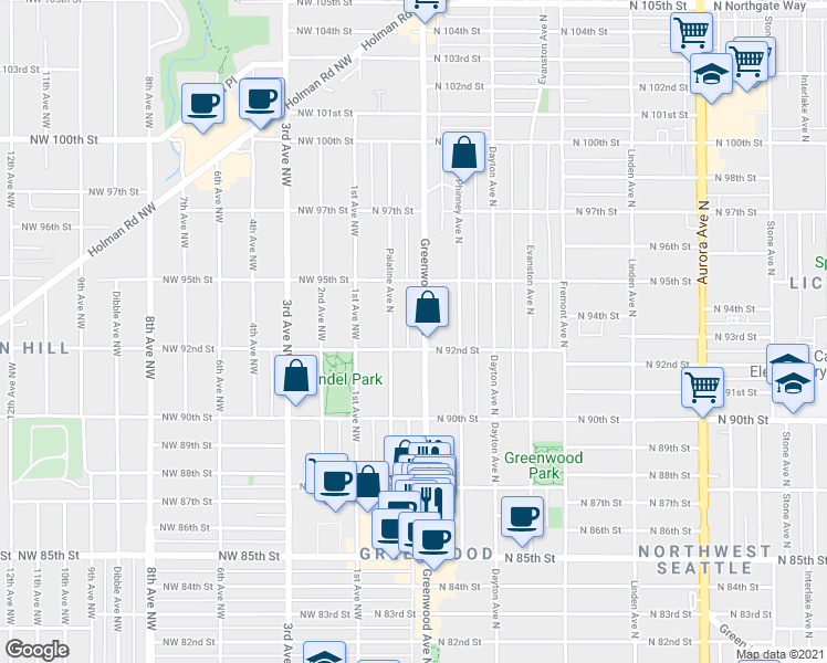 map of restaurants, bars, coffee shops, grocery stores, and more near 9232 Palatine Avenue North in Seattle
