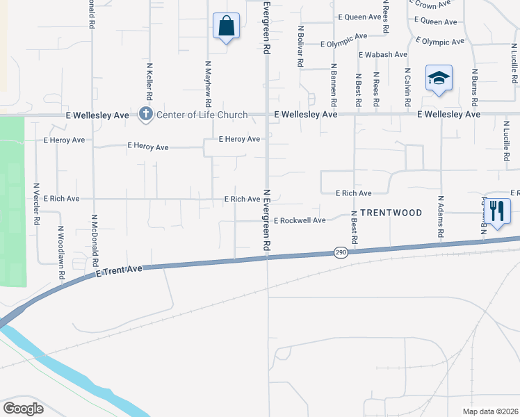 map of restaurants, bars, coffee shops, grocery stores, and more near 4405 North Evergreen Road in Spokane Valley
