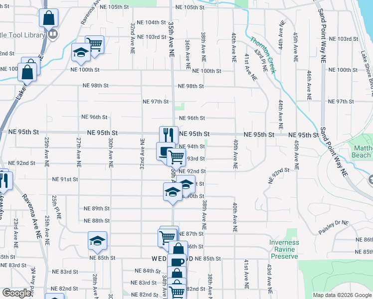 map of restaurants, bars, coffee shops, grocery stores, and more near 3517 Northeast 94th Street in Seattle
