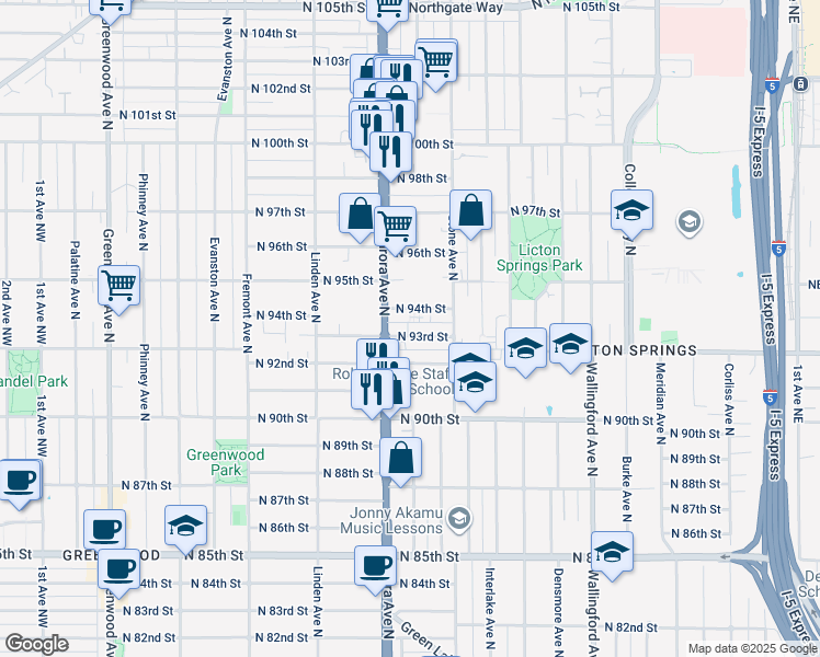 map of restaurants, bars, coffee shops, grocery stores, and more near 1120 North 93rd Street in Seattle