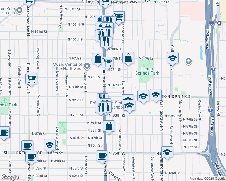 map of restaurants, bars, coffee shops, grocery stores, and more near 1137 North 94th Street in Seattle