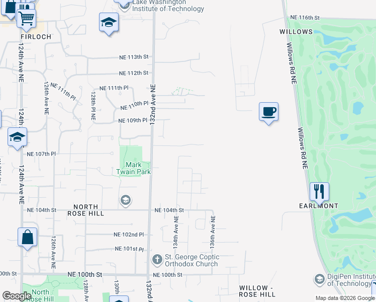 map of restaurants, bars, coffee shops, grocery stores, and more near 10636 134th Avenue Northeast in Kirkland