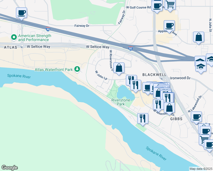 map of restaurants, bars, coffee shops, grocery stores, and more near 2132 West Estancia Drive in Coeur d'Alene