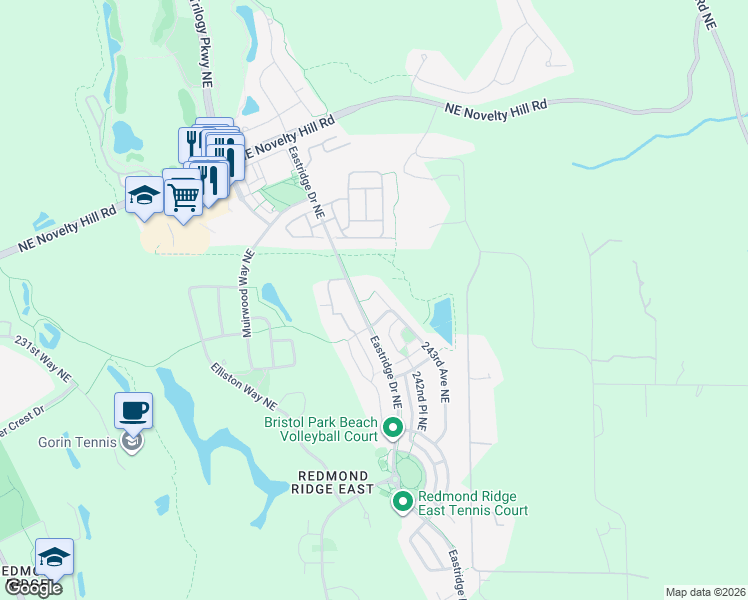 map of restaurants, bars, coffee shops, grocery stores, and more near 11032 243rd Avenue Northeast in Redmond