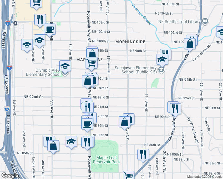 map of restaurants, bars, coffee shops, grocery stores, and more near 1208 Northeast 94th Street in Seattle