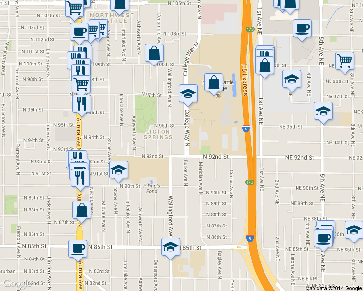 map of restaurants, bars, coffee shops, grocery stores, and more near 9233 College Way North in Seattle