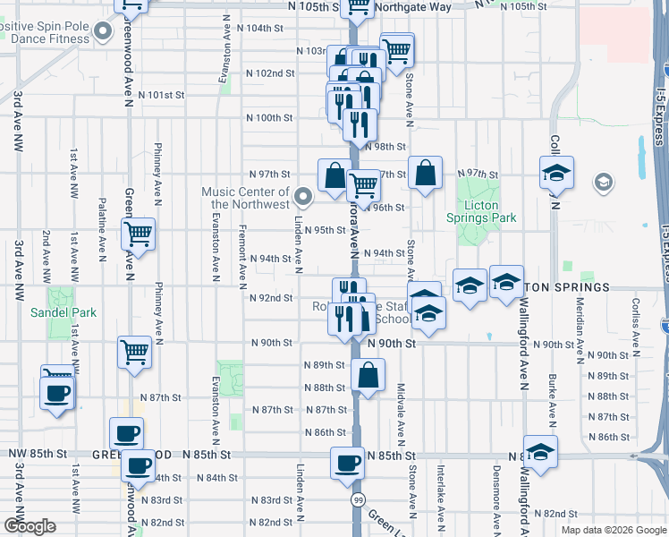 map of restaurants, bars, coffee shops, grocery stores, and more near 9401 Aurora Avenue North in Seattle