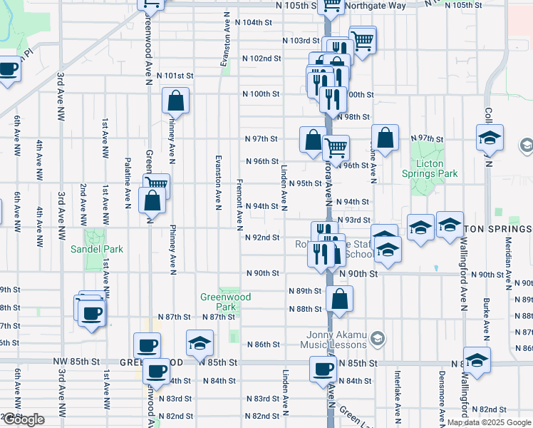 map of restaurants, bars, coffee shops, grocery stores, and more near 718 North 94th Street in Seattle