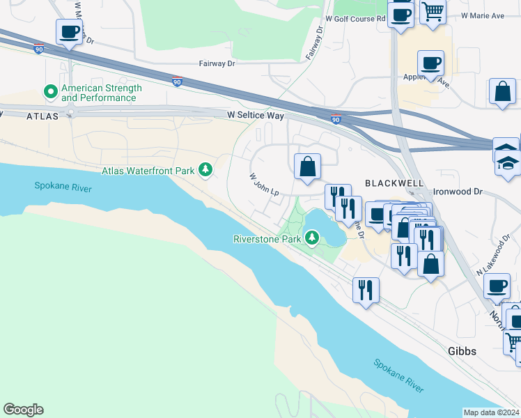 map of restaurants, bars, coffee shops, grocery stores, and more near 2231 West Aviara Place in Coeur d'Alene