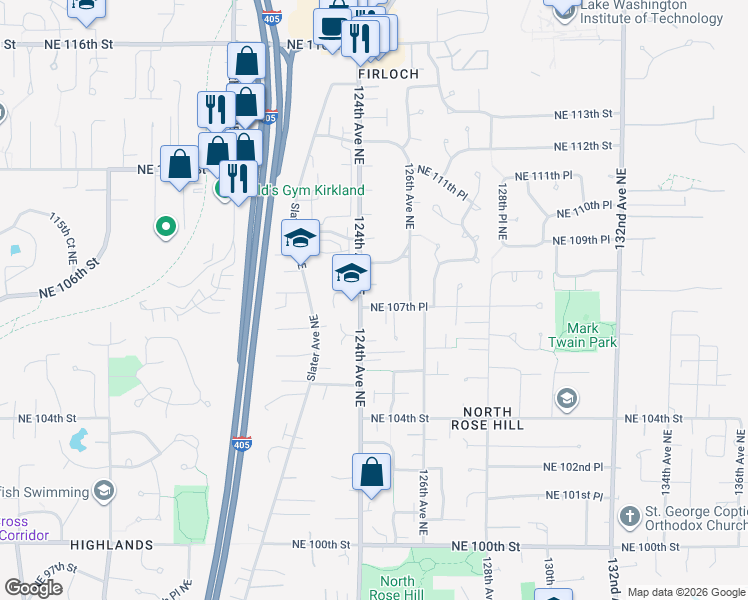 map of restaurants, bars, coffee shops, grocery stores, and more near 12412 Northeast 107th Place in Kirkland