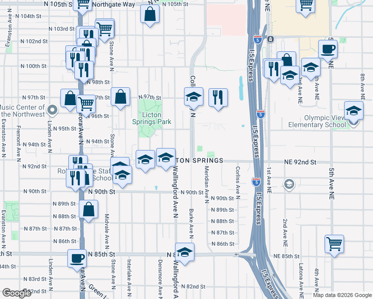 map of restaurants, bars, coffee shops, grocery stores, and more near 9233 College Way North in Seattle