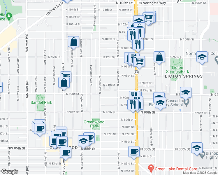 map of restaurants, bars, coffee shops, grocery stores, and more near 731 North 94th Street in Seattle