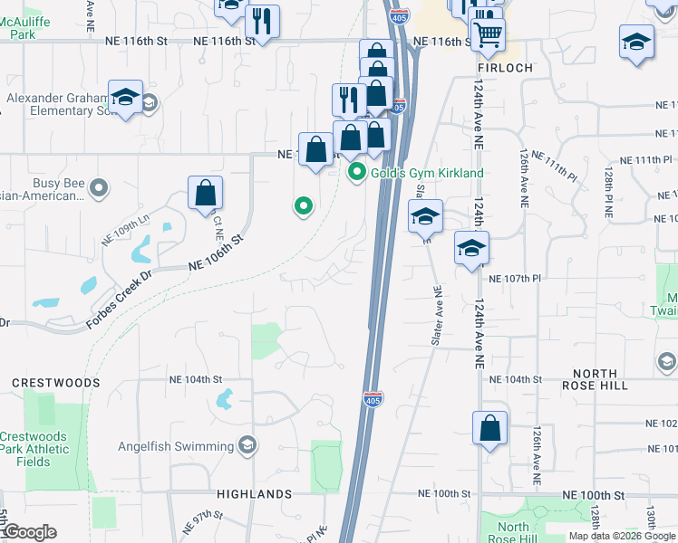 map of restaurants, bars, coffee shops, grocery stores, and more near 120th Lane Northeast in Kirkland