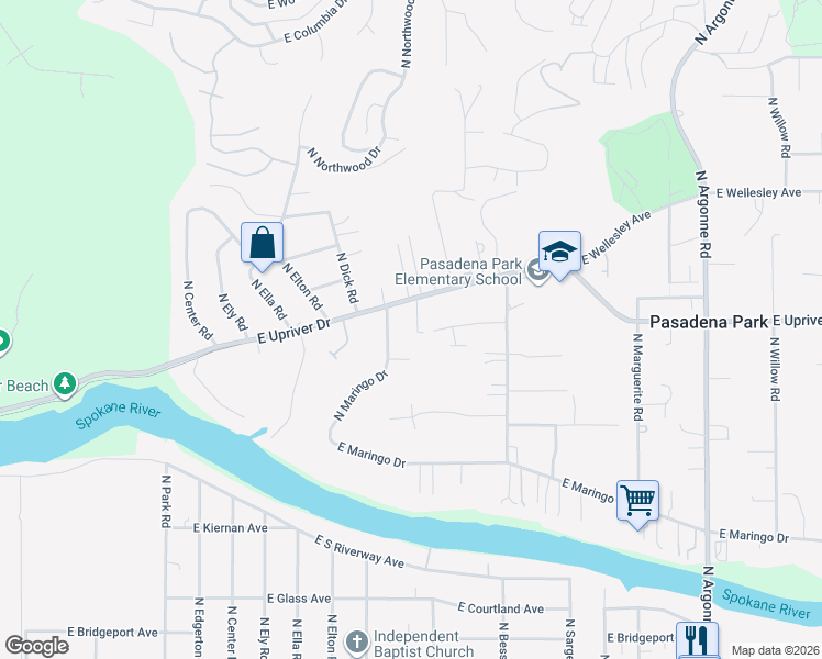 map of restaurants, bars, coffee shops, grocery stores, and more near 8208 East Upriver Drive in Spokane
